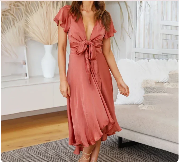 Maxi - inspired midi dresses with flowing fabrics for a beachy vibe Arina Satin Dress