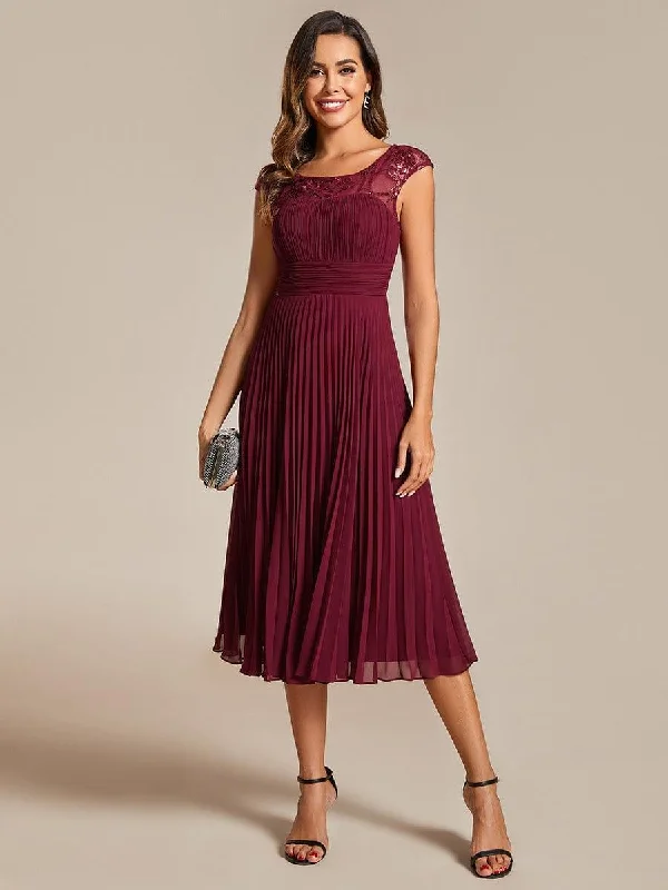 Midi dresses with gathered skirts for a full and flowing silhouette A-Line Pleated Chiffon Wedding Guest Dress with Round Neckline and Cap Sleeves