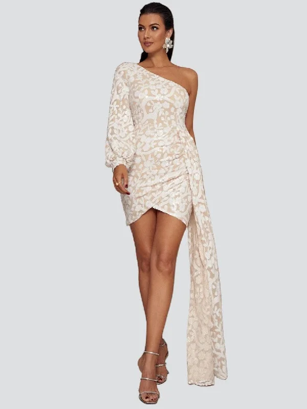 Mini dresses with bow accents for a sweet look Floral One Shoulder Draped Mini Dress XJ1387