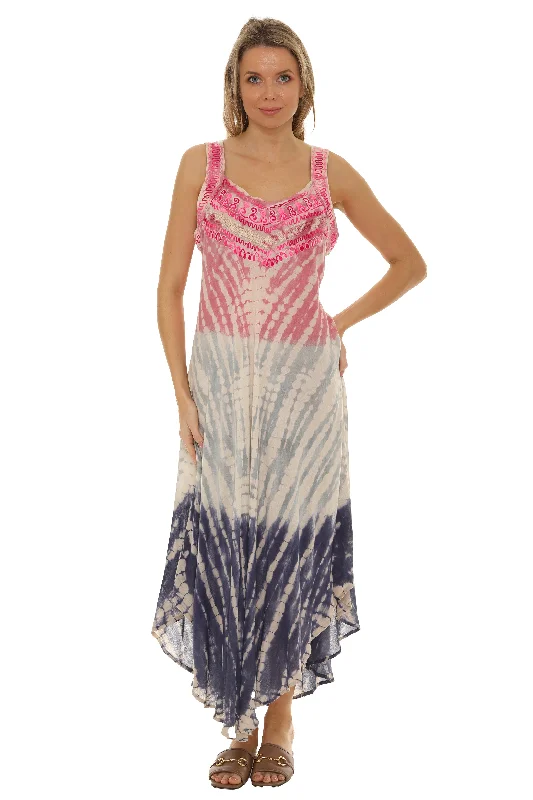Midi dresses with ruffled bodices for a more pronounced feminine look Tri-Colors Tie Dye Sleeveless Long Sundress
