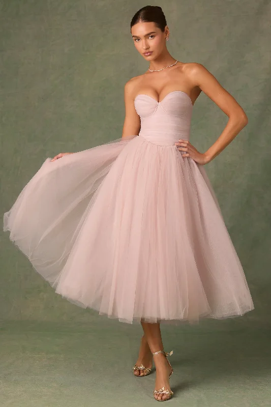 Midi dresses with sheer panels for a touch of allure Tulle Corset Midaxi Dress in Dusty Rose