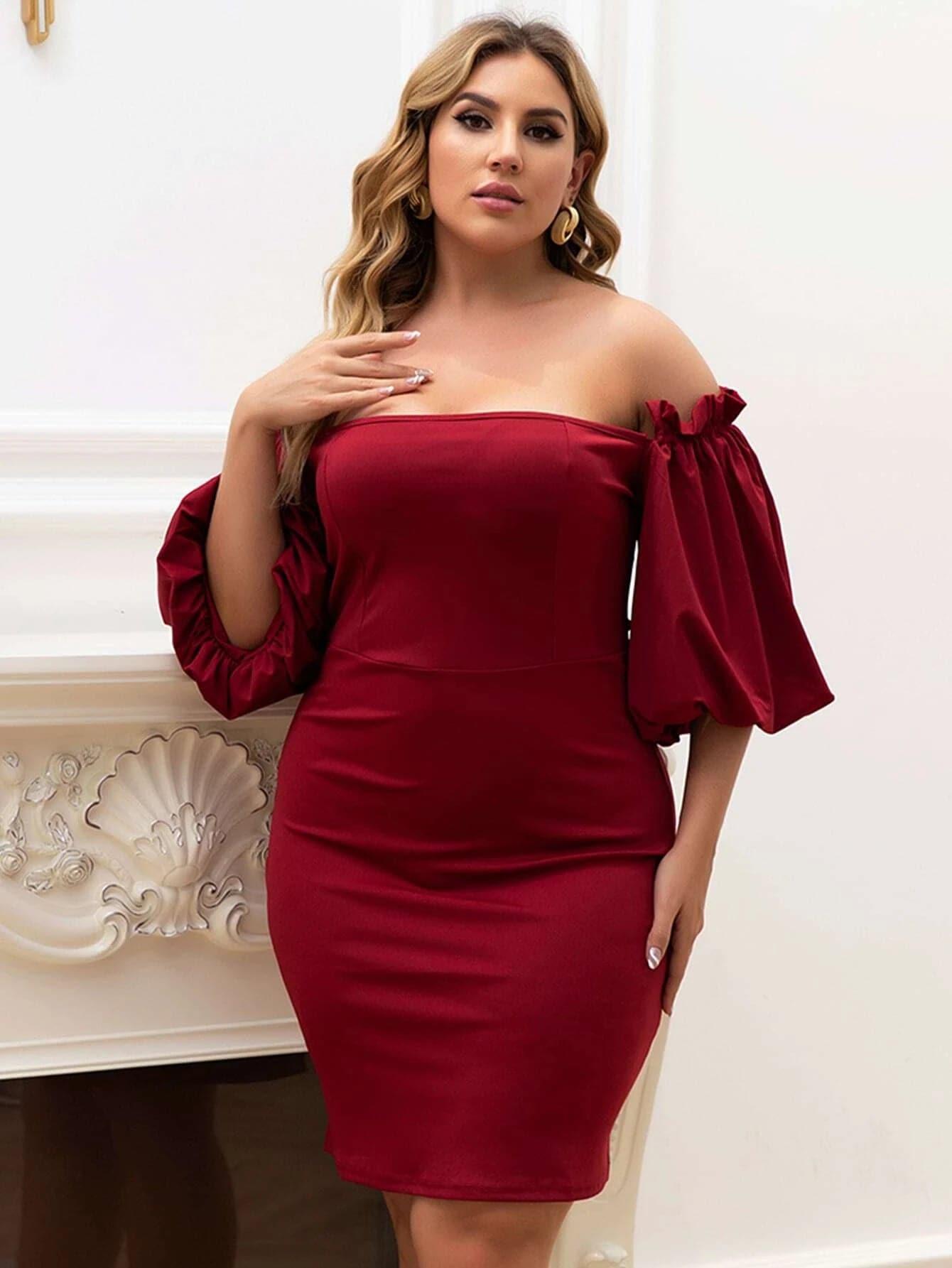 Mini dresses with tiered skirts for added volume Plus Size Off Shoulder Bishop Sleeve Mini Satin DarkRed Prom Dress P0052