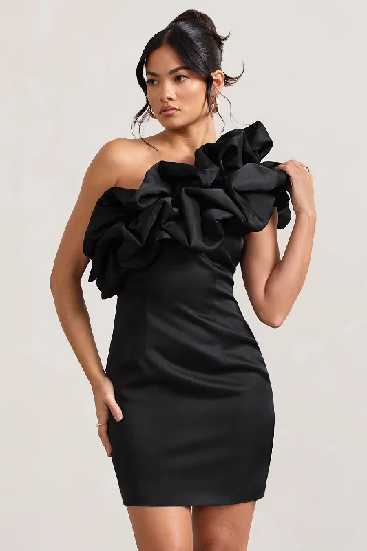 Ruffled mini dresses for a romantic touch At The Opera | Black Satin One Shoulder Ruffled Mini Dress