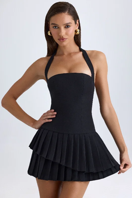 Mini dresses with polka dot patterns Asymmetric Layered Halterneck Mini Dress in Black