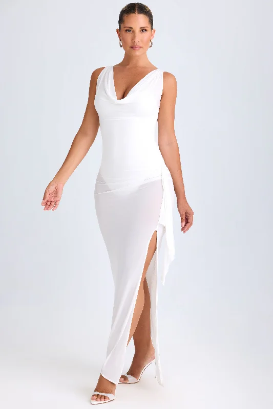 Midi dresses with animal prints for a bold and confident appearance Ruffle-Trim Cowl-Neck Midaxi Dress in White