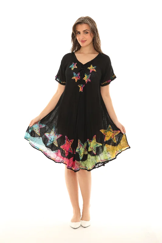 Midi dresses with button - down skirts for a unique and functional design Short Sleeves Star Print Mid Rayon Sundress