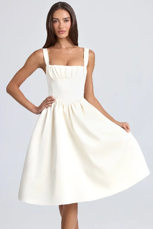 Midi dresses with V - necklines for a flattering and elongating effect Draped Corset Midaxi Dress in Ivory