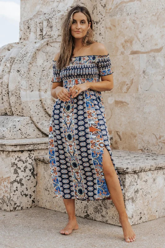 Midi dresses with one - shoulder designs for a modern and asymmetric style Multi Print Off The Shoulder Midi Dress