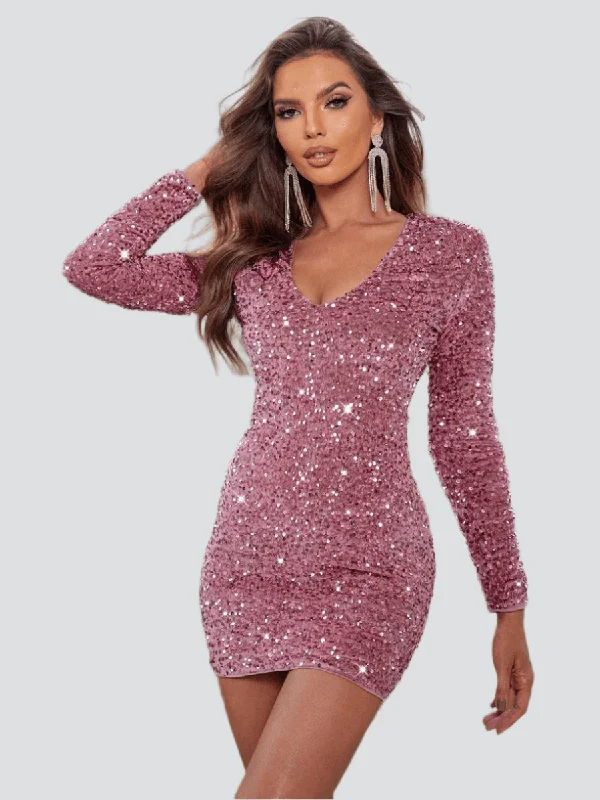 Cotton mini dresses for a comfortable everyday option Sequin Long Sleeve V-neck Mini Party Dress MCC1213