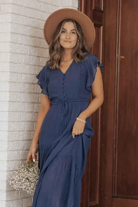 Midi dresses with ruffled bodices for a more pronounced feminine look Celine Crochet Lace Tiered Boho Midi Dress - Navy