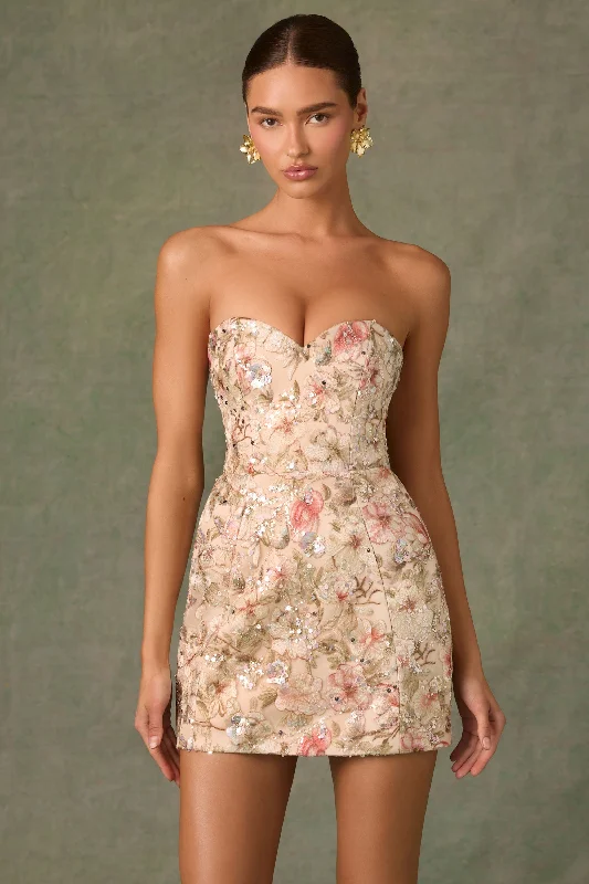 Mini dresses with gathered skirts for a voluminous effect Embellished Strapless A-Line Mini Dress in Floral Beige