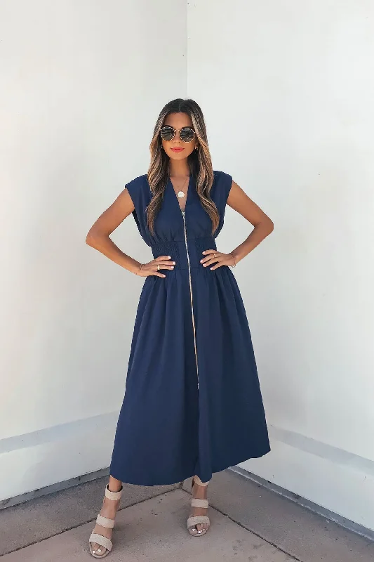 Midi dresses with embroidered accents for a unique and detailed design Solid Zip Up Front Midi Dress - Navy