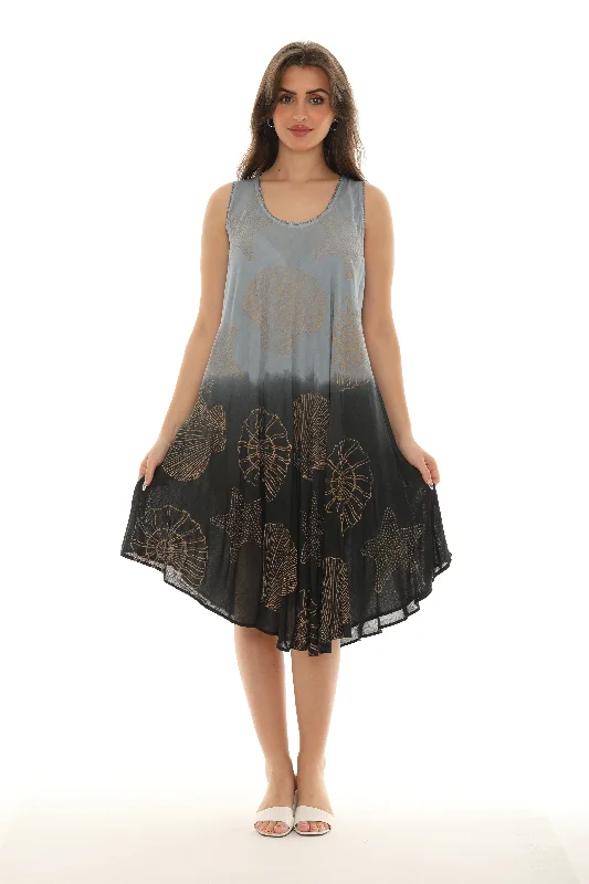 Midi dresses with pom - pom trims for a playful and festive look Tropical Starfish and Seashell Print Midi Rayon Sundress