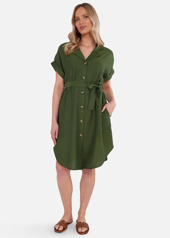 Midi dresses with abstract art prints for an artistic statement Khaki Utility Belted Oversized Viscose Shirt Dress