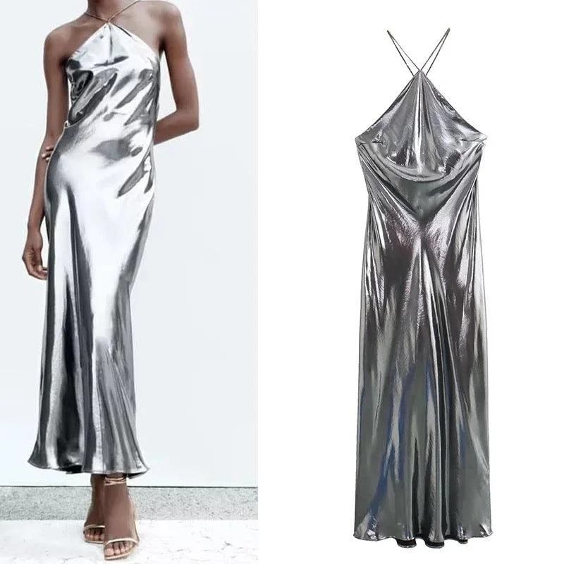 Midi dresses with off - the - shoulder necklines for a flirty look Helen Mettalic Halter Party Midi Dress