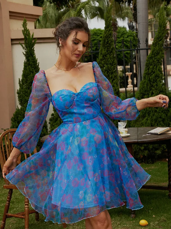 Mini dresses with ribbed textures for a unique appearance Floral Lantern Sleeve Mesh Print Mini Tulle Dress XH1881