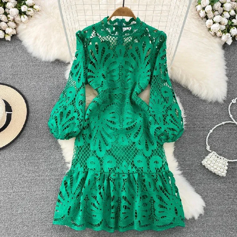 Midi dresses with asymmetric hems for a fashion - forward and dynamic appearance Glenda Lace Lined Bishop Sleeve Dress