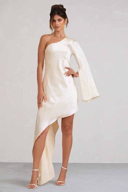 Velvet mini dresses for autumn weddings Hanna | Cream One Shoulder Asymmetric Draped Satin Mini Dress