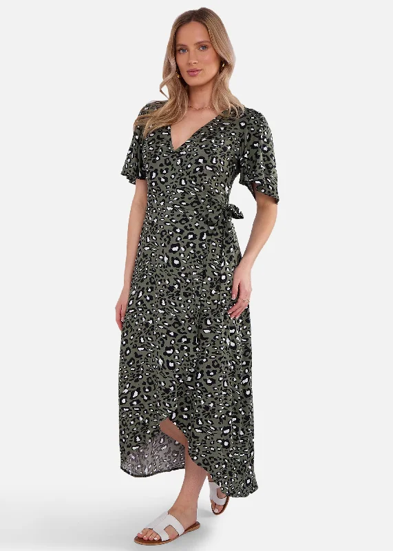 Velvet midi dresses in jewel tones for a glamorous winter event Khaki Animal Print Viscose Wrap Midi Dress