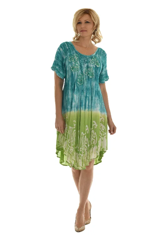 Maxi - inspired midi dresses with flowing fabrics for a beachy vibe Tie-Dye Short Sleeves Mid Rayon Sundress