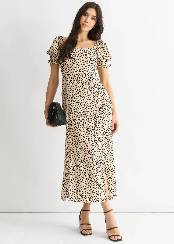 Midi dresses with gathered skirts for a full and flowing silhouette Beige Animal Printed Split Viscose Midi Dress