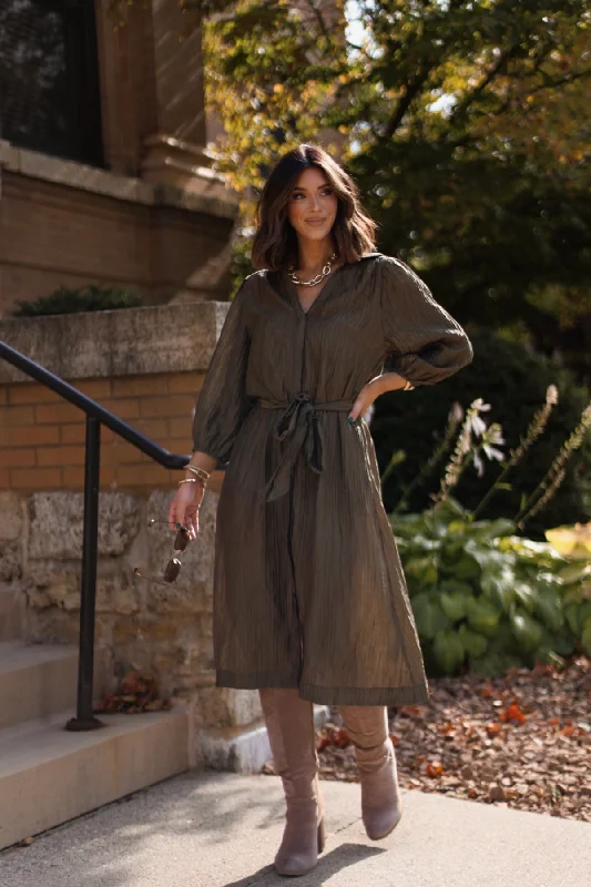 Plaid midi dresses for a fall - themed family gathering Olive Button Down Belted Midi Dress-FINAL SALE