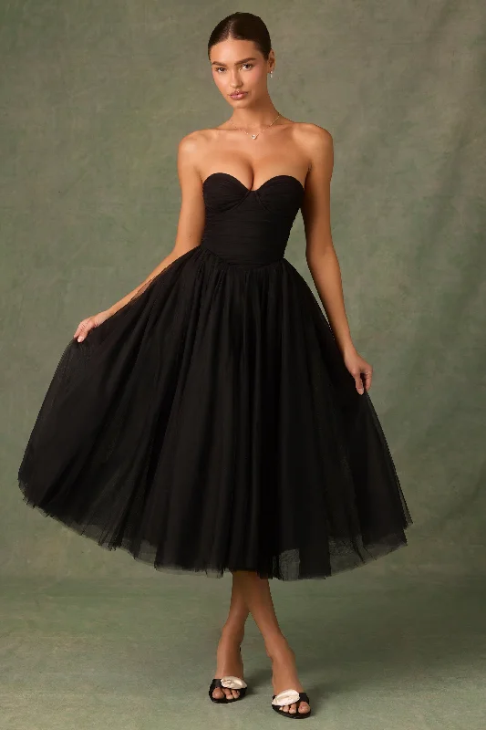 Midi dresses with mesh inserts for a trendy and breathable option Tulle Corset Midaxi Dress in Black
