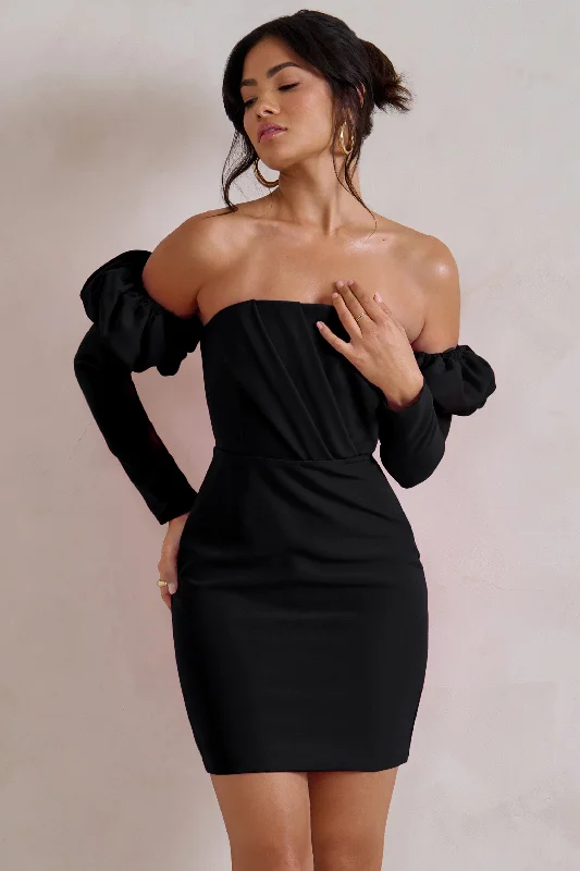 Ruffled mini dresses for a romantic touch Laurie | Black Bardot Puff  Long Sleeve Mini Dress