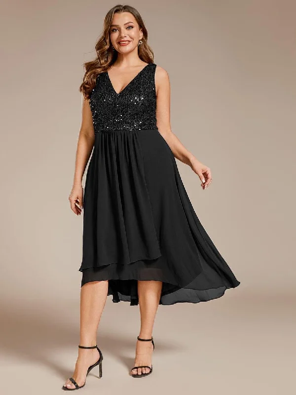 Midi dresses with printed lining for a hidden and stylish detail Plus Size Sequin Bodice V-Neck Sleeveless Chiffon Wedding Guest Dress