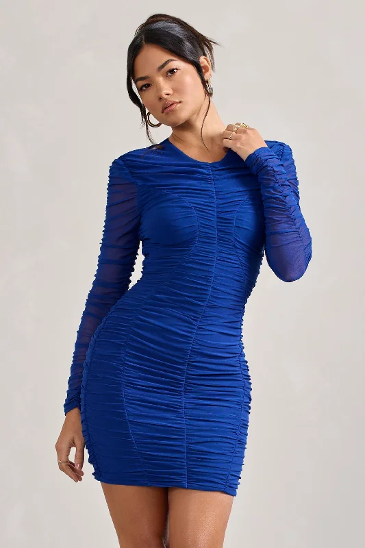 Satin mini dresses for a luxurious feel Euphoria | Cobalt Blue Ruched Long Sleeve Mini Dress