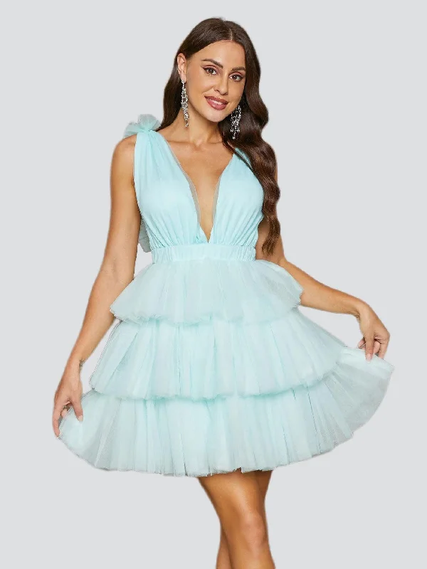 Mini dresses with keyhole necklines Sexy Tiered Mesh Green Skater Dress RJ11107