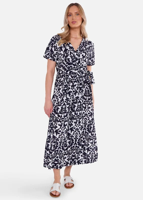 Midi dresses with patchwork patterns for a one - of - a - kind style Navy Short Sleeves Viscose Wrap Midi Dress