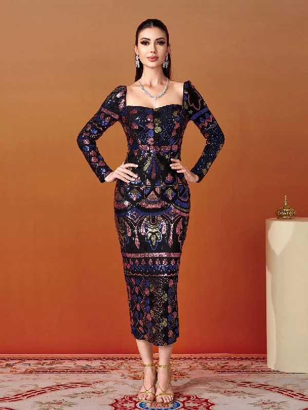 Midi dresses with halter necks for a stylish and comfortable option Square Neck Long Sleeve Split Sequin Dress RM20830