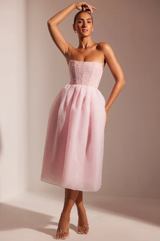 Midi dresses with ruched bodices for a feminine and fitted feel Embellished Corset Tulle Skirt Midi Dress in Blush