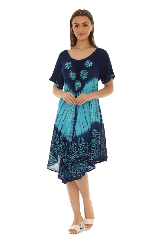 Midi dresses with halter necks for a stylish and comfortable option Tie-Dye Short Sleeves Mid Rayon Sundress
