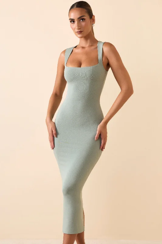 Midi dresses with one - shoulder designs for a modern and asymmetric style Modal Square-Neck Midi Dress in Smoke Green