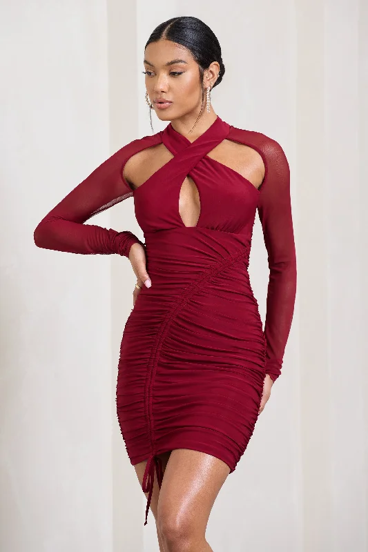 Mini dresses with empire waists for a flattering fit Eyes On You | Berry Long Sleeve Halter Neck Mini Dress