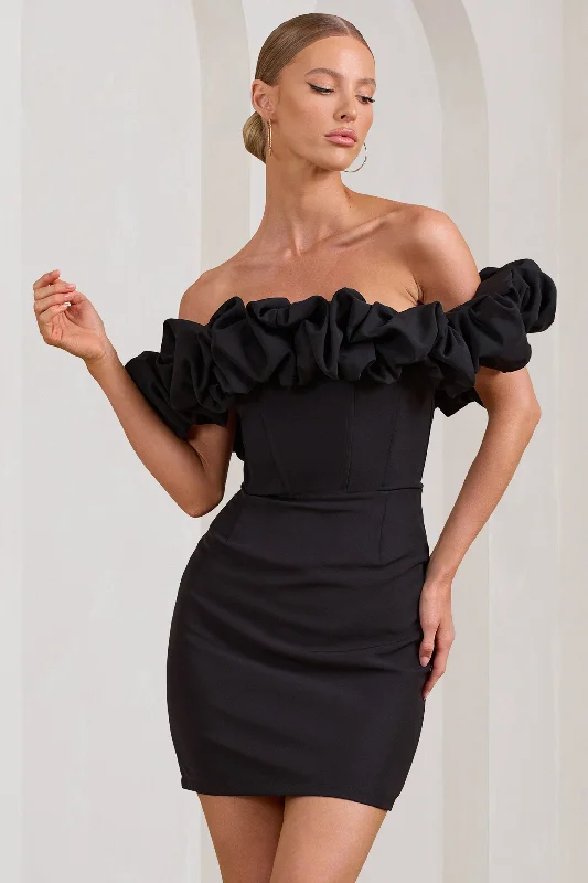 Mini dresses with one - shoulder designs Dawn | Black Ruffled Bardot Mini Dress