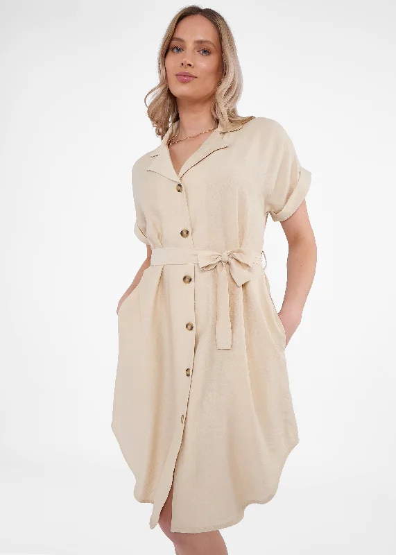Midi dresses with denim fabric for a casual yet stylish day out Beige Utility Belted Oversized Viscose Shirt Dress