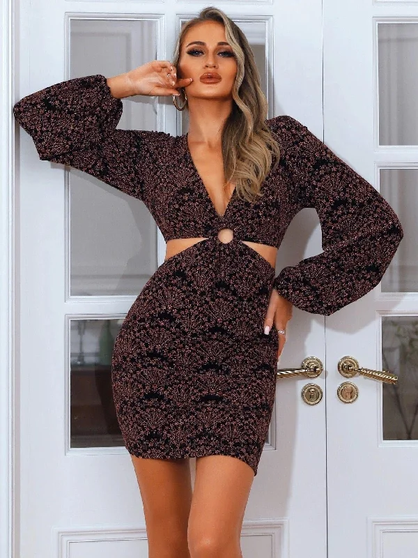 Polyester mini dresses for easy care Ditsy Floral Plunging Neck Sequin Cut Out Mini Multicolor Bodycon Dress XH1478