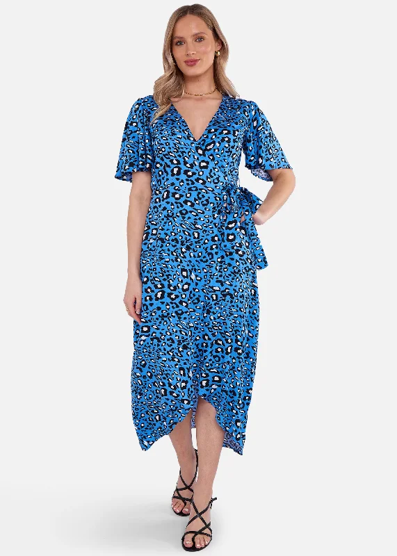 Midi dresses with cold - shoulder cutouts for a trendy style Blue Animal Print Viscose Wrap Midi Dress