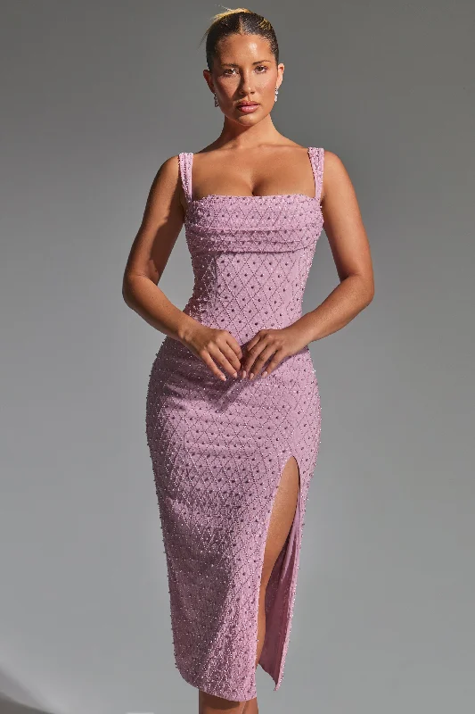Midi dresses with tassel accents for a bohemian and free - spirited style Embellished Cowl-Neck Midaxi Dress in Mauve