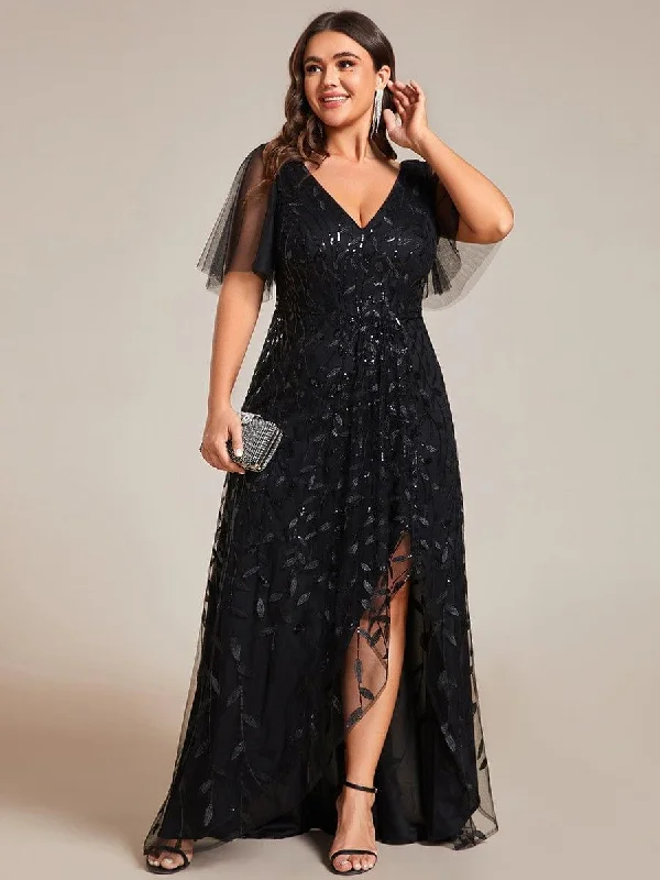 Midi dresses with bow accents for a sweet and charming look pretty ALIX|Plus Size Short Sleeves Sequin High Low V-Neck Midi Formal Evening Dress
