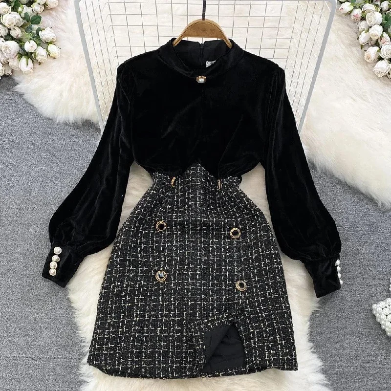 Midi dresses with one - shoulder designs for a modern and asymmetric style Reina Velvet and Tweed Dress