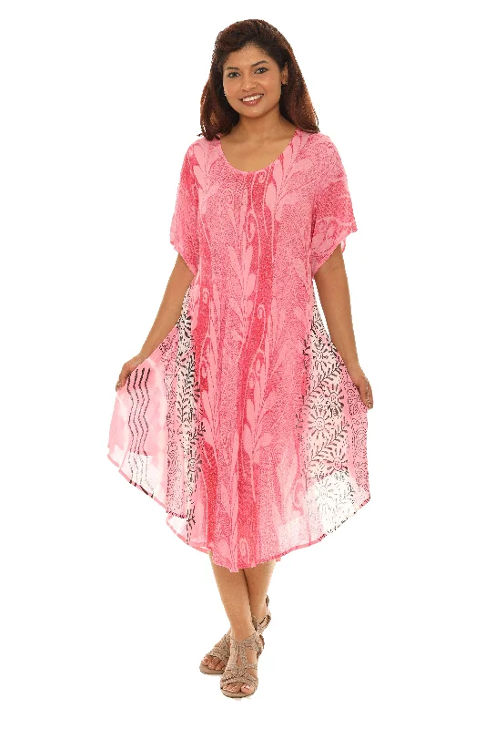 Midi dresses with abstract art prints for an artistic statement Leaf Print Short Sleeves Rayon Sundress