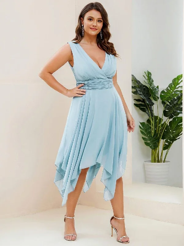 Midi dresses with gathered skirts for a full and flowing silhouette pretty ELORA|Plus Size Double V Neck Ruched-Waist Midi Chiffon Bridesmaid Dress