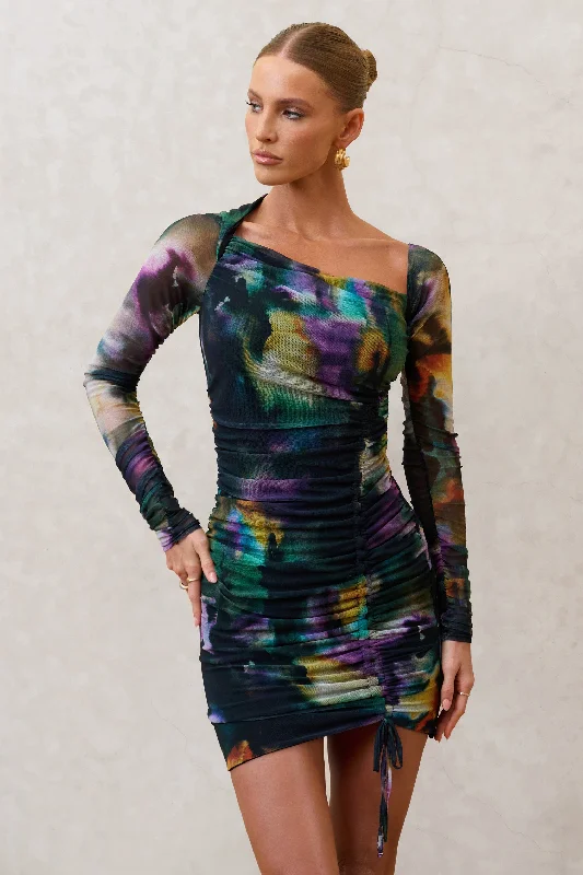 Satin mini dresses for a luxurious feel Aphrodite | Watercolour Print Asymmetric Ruched Side Mini Dress