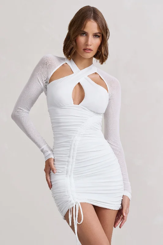 Mini dresses with pocket details for added functionality Eyes On You | White Long Sleeve Halter Neck Mini Dress