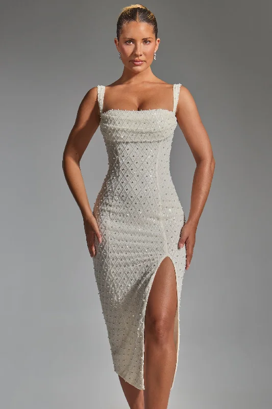 Midi dresses with gathered skirts for a full and flowing silhouette Embellished Cowl-Neck Midaxi Dress in White