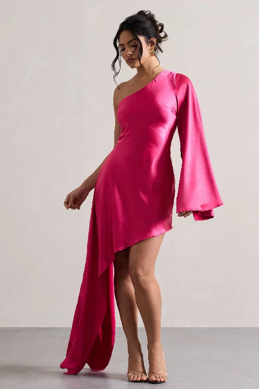 Mini dresses with pom - pom trims for a playful feel Hanna | Hot Pink One Shoulder Asymmetric Draped Satin Mini Dress